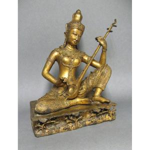 Musician In Gold Lacquered Bronze, Asia, 20th Century.