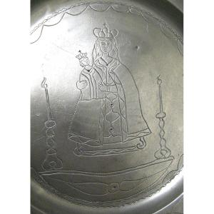 Large 18th Century Pewter Platter. Religious Art.