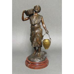 Orientalist Bronze Sculpture The Water Carrier With Basket.