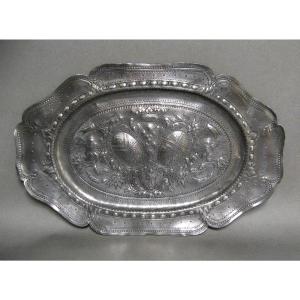 Large Oval Pewter Dish With Marquis's Crown And Coat Of Arms.