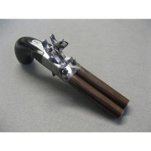 19th Century Percussion Box Pistol With Double Damascus Barrel