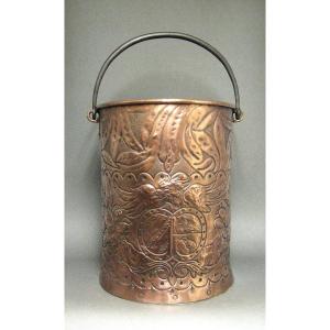 19th Century Repoussé Copper Grain Measure Decorated With Castle Coat Of Arms.