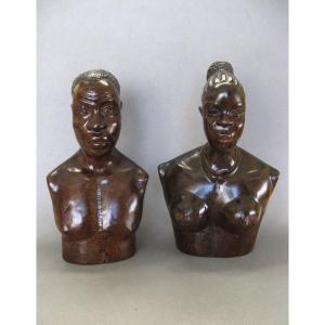 Pair Of Busts Carved In Dense Wood. Africa Circa 1950/60.
