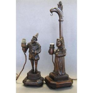 Pair Of Wooden Sculpture Night Light Lamps “benedictines Monks” Circa 1900/20.