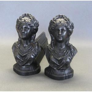Pair Of Cast Iron Andirons With The Image Of Marianne.