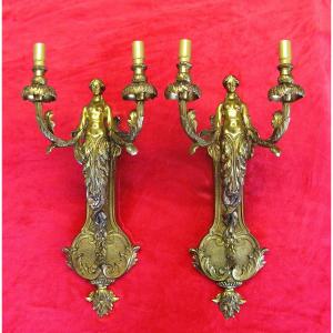 Large Pair Of Gilded Bronze Caryatid Wall Lights.