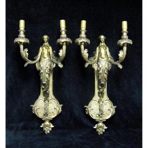 Large Pair Of Gilded Bronze Caryatid Wall Lights.