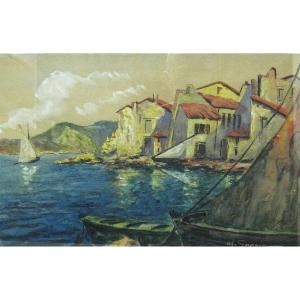 Watercolor Seaside - Sailboats Southern Landscape.