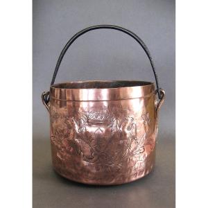 XVIIth/xviiith Copper Cauldron. Armoirie Avec Couronne De Comte Et Fleur De Lys.