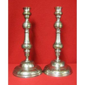 Pair Of Candlesticks Louis XVI. Silver Bronze Eighteenth.
