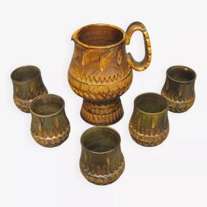 Service In Orangeade Signed Marius Bessone. Ceramic Vallauris 1960.