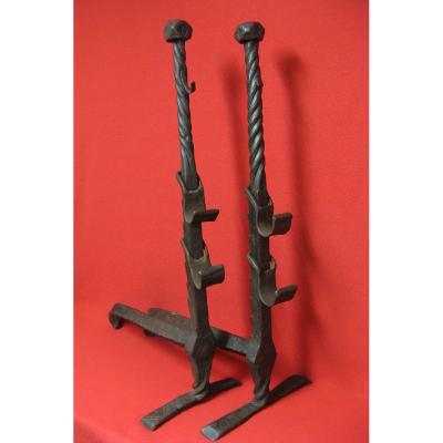 Pair Of Andirons Andirons Wrought Iron. High Hebrew. Lilies.