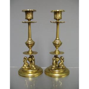 Pair Of Napoleon III Candlesticks In Chiseled Brass, 19th Century.