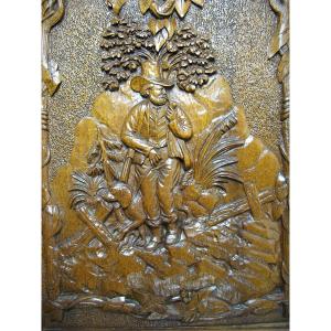 Bas Relief In Carved Wood Nineteenth. Hunting Scene.