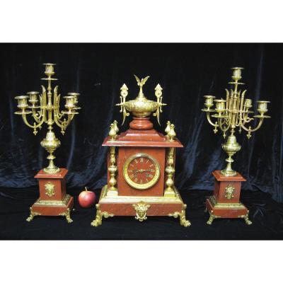 Richond Benoît Félix. Fireplace Trim, Pendulum And Pair Of Napoleon III Candelabra.