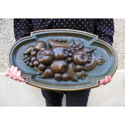 Monumental Bas Relief 15 Kg In Bronze With Fruit Decoration 19th Century