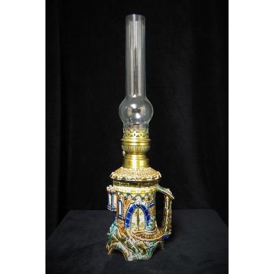 Oil Lamp Castle In Barbotine From Wasmuël Around 1895.