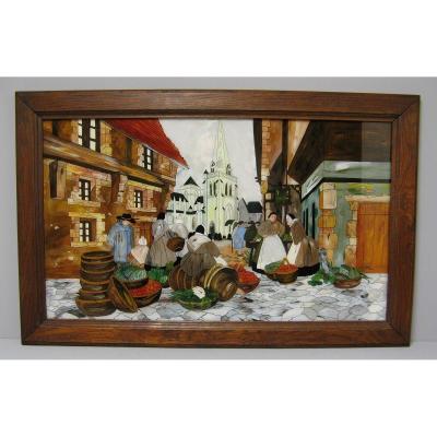 Breton Market. Fixed Under Glass Signed P. Casiez. Art Deco.
