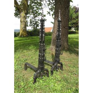 Important Pair Of Neo Gothic Andirons Late Nineteenth.