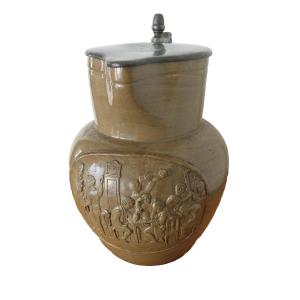 Pitcher In Sandstone Lid In Pewter Nineteenth. Tavern Scene