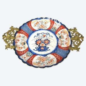 Large Imari Porcelain Cup Flowers Dragons Brass Gilt Bronze Japan XIX E.