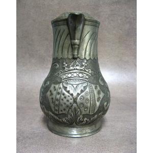 Décorative Pewter Pitcher. Coat Of Arms Crown.