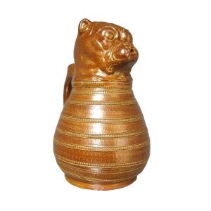Glazed Stoneware Pitcher With Bulldog Dog Head For Absinthe.