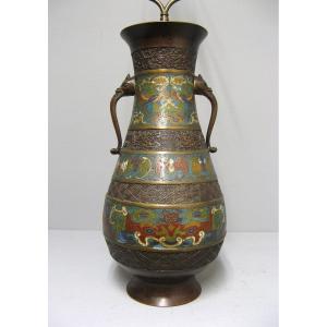 Nineteenth China Cloisonne Bronze Vase Mounted As A Lamp.