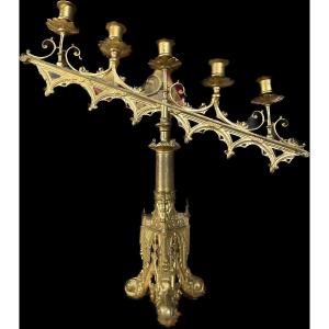 Neo-gothic Altar Ramp With 5 Lights - Late 19th Century