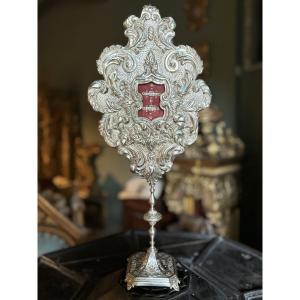 Reliquary Monstrance In Silvered And Repoussé Copper - Spain - 19th Century