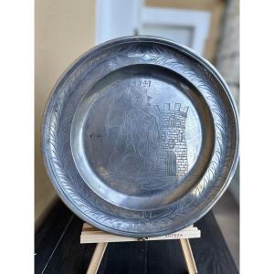 Pewter Dish With Engraved Decoration Of Saint Barbara - 1747