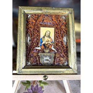 Reliquary Paperolles Sacred Heart Of Jesus - 19th Century 