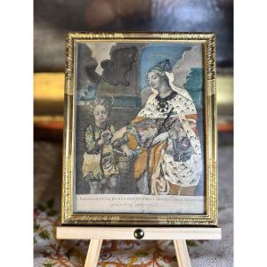 Engraving Of Saint Joan Of France Dressed In A Gown - 18th Century 