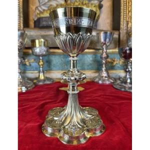 Chalice In Chased Silver-gilt Adorned With Cabochons Of Colored Stones - 19th Century 