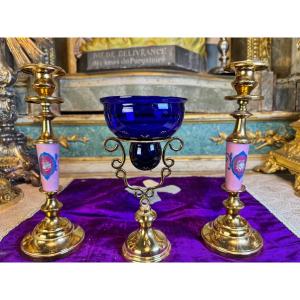 Sanctuary Lamp And Two Candlesticks - 19th Century