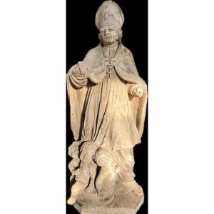 Large White Stone Statue Of Saint Nicholas - 18th Century