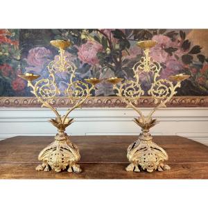 Pair Of Candlesticks With 3  Lights - Nineteenth