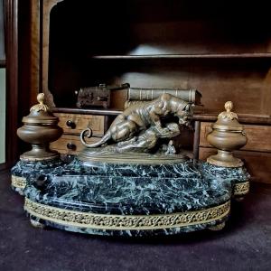 Desk Inkwell In Sea-green Marble And Bronze 'lioness' By P. Delabrierre