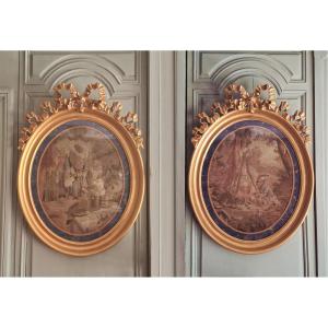 Pair Of 18th Century Aubusson Tapestries In A Pair Of Louis XVI Style Oval Frames