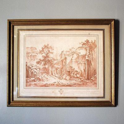 Blood Ink Engraving: Farmyard With Ruined Buildings On The Right