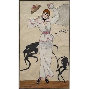 Costumes Parisiens. Robe De Drap Blanc Bordé d'Un Ourlet Couleur De Roses. 1912