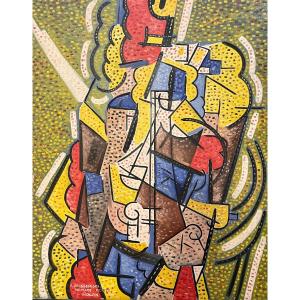 Cubist Painting, Still Life With Violin Signed Grosgeorges, Unidentified French Painter.
