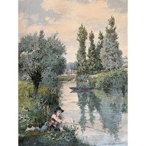 Naturalistic Landscapes By Charles Leblanc-bellevaux (french, 1852-1898), Of A Pair.