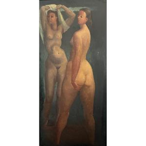 Bathers Or Odalisque, Oil On Masonite By Hermann Pieper, Circa 1940.