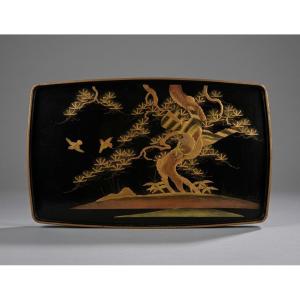 Large Urushi Lacquer Tray Decorated With Pine Trees And Birds - Japan, Meiji Period Circa 1900