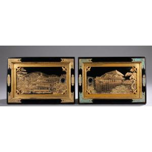 Pair Of Lacquer Panels – Kinkaku-ji Temple And Kiyomizu-dera – Japan