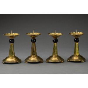 Suite Of 4 Art Deco Brass And Black Glass Candlesticks - 1930s