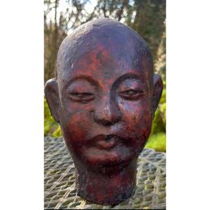 Lohan's Head In Polychromed Cast Iron. Qing XVIII Century 