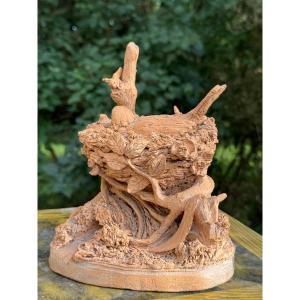 Naturalistic Terracotta Sculpture, Bird In Its Nest. 