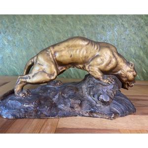 A. Fagotto (19th-20th Century) Plaster With Brown And Gold Patina “panther On A Rock”